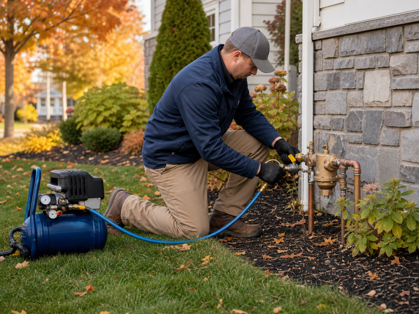 Seasonal sprinkler winterization setup connected to a residential backflow preventer