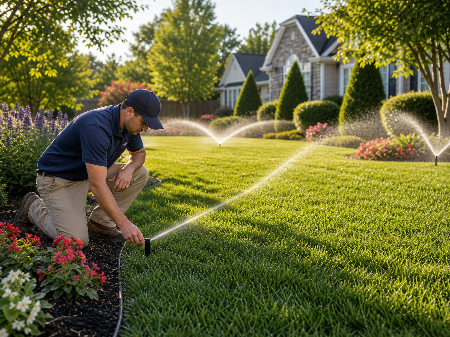 Technician checking irrigation controller wiring while sprinklers run in the yard